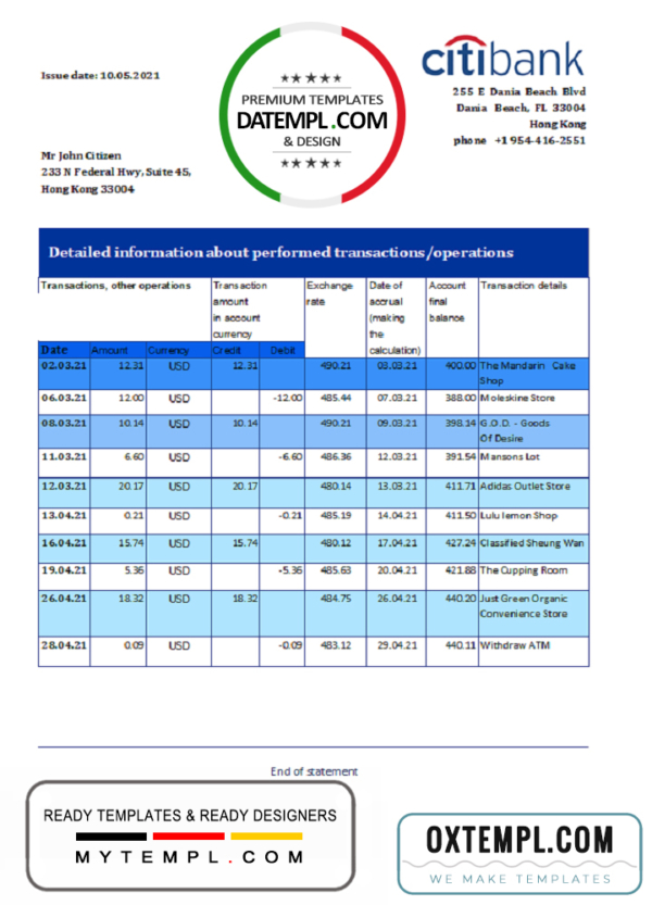editable template, Hong Kong Citibank proof of address bank statement template in Excel and PDF format