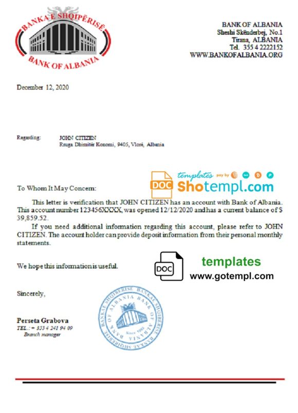 editable template, Albania Bank of Albania bank reference letter template in Word and PDF format