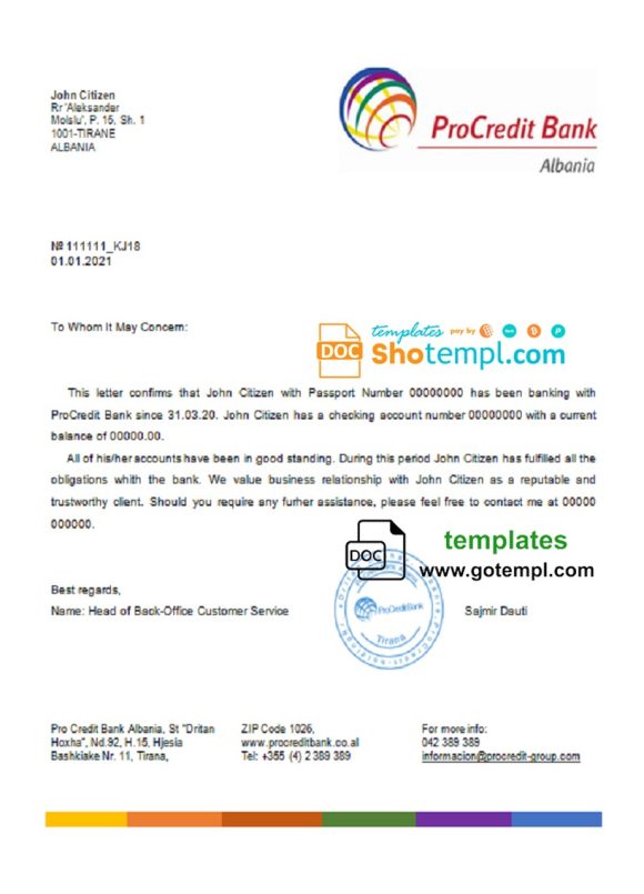 editable template, Albania ProCredit bank reference letter template in Word and PDF format