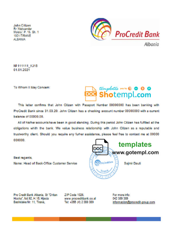 editable template, Albania ProCredit bank reference letter template in Word and PDF format
