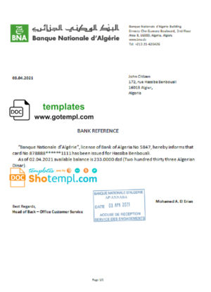editable template, Algeria Banque Nationale d’Algérie (BNA) template of bank reference letter, Word and PDF format (.doc and .pdf)