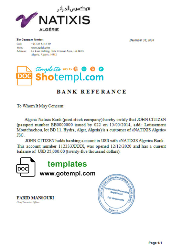 editable template, Algeria Natixis Algerie bank reference letter template in Word and PDF format