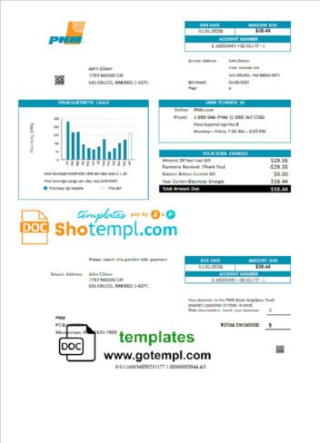 editable template, USA New Mexico PNM easy fillable utility bill template in Word and PDF format (.doc and .pdf)