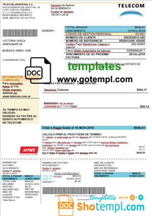 editable template, Argentina Telecom utility bill template in .doc and .pdf format fully editable, good for address prove