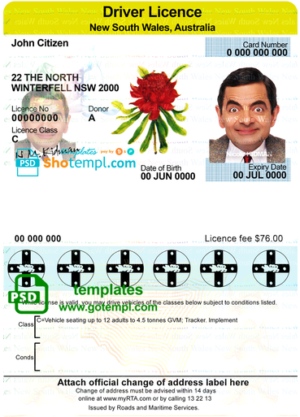editable template, Australia New South Wales driver license template in PSD format, fully editable