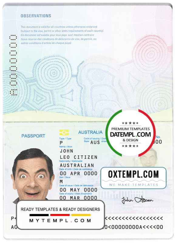 editable template, Australian standard passport template in PSD format, fully editable, with all fonts