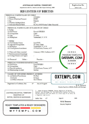 editable template, Australia Australian Capital Territory birth certificate template in Word format, version 2