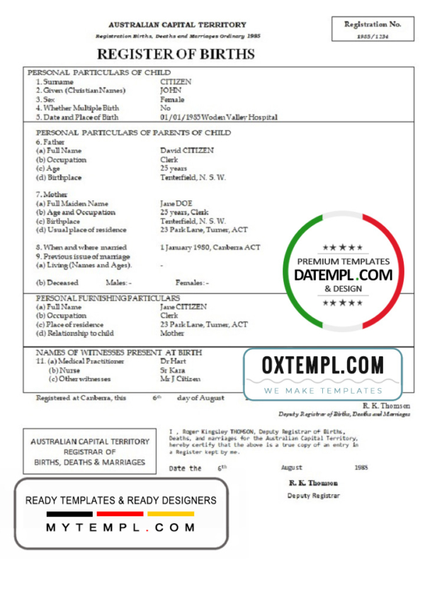 editable template, Australia Australian Capital Territory birth certificate template in Word format, version 2