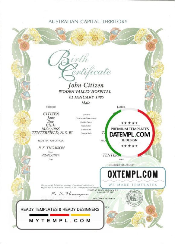 editable template, Australia Australian Capital Territory decorative (commemorative) birth certificate template in PSD format