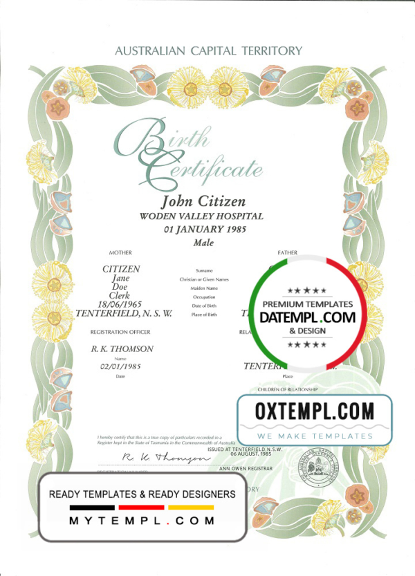editable template, Australia Australian Capital Territory decorative (commemorative) birth certificate template in PSD format