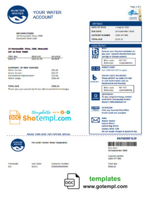 editable template, Australia Hunter Water utility bill template in Word and PDF format