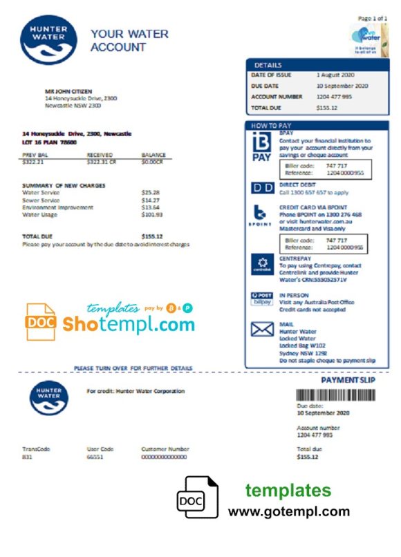 editable template, Australia Hunter Water utility bill template in Word and PDF format