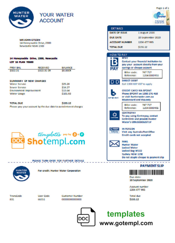 editable template, Australia Hunter Water utility bill template in Word and PDF format