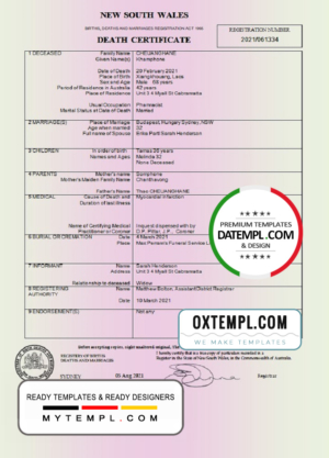 editable template, Australia New South Wales Death Certificate template in Word and PDF format
