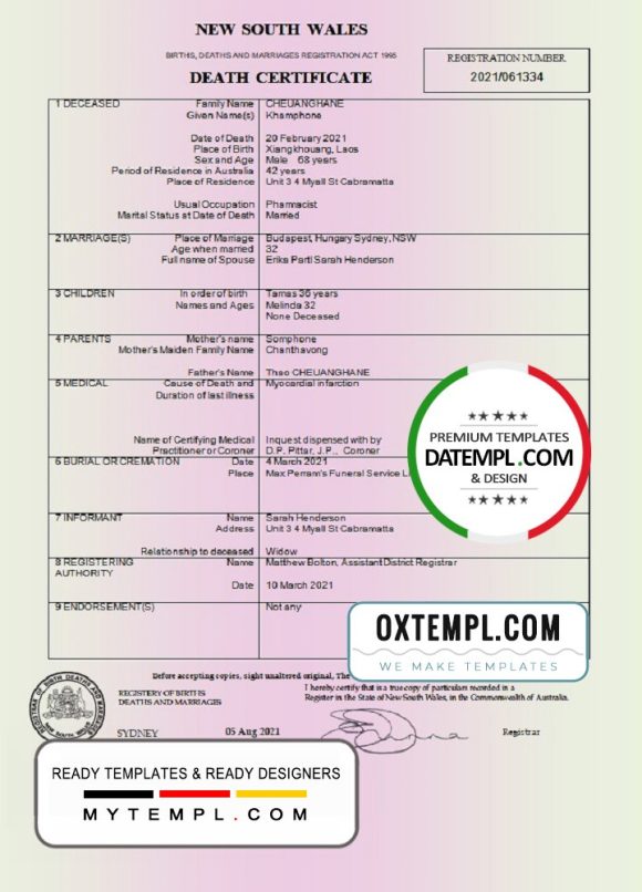editable template, Australia New South Wales Death Certificate template in Word and PDF format