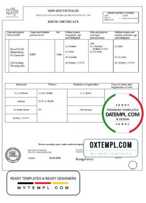 editable template, Australia New South Wales birth certificate template in Word format, version 1
