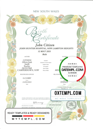 editable template, Australia Northern Territory decorative (commemorative) birth certificate template in PSD format, fully editable