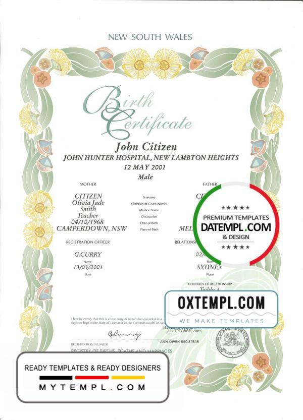 editable template, Australia New South Wales decorative (commemorative) birth certificate template in PSD format, fully editable