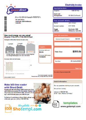 editable template, Australia Powerdirect electricity utility bill template in Word and PDF format