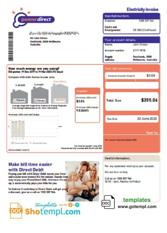 editable template, Australia Powerdirect electricity utility bill template in Word and PDF format