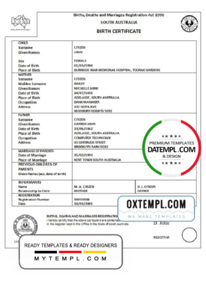 editable template, Australia South Australia birth certificate template in Word format, version 1