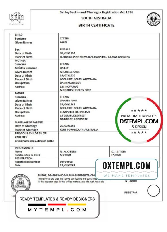 editable template, Australia South Australia birth certificate template in Word format, version 1