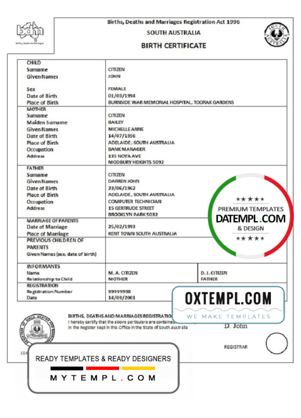 editable template, Australia South Australia birth certificate template in Word format, version 1