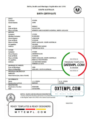 editable template, Australia South Australia birth certificate template in Word format, version 2