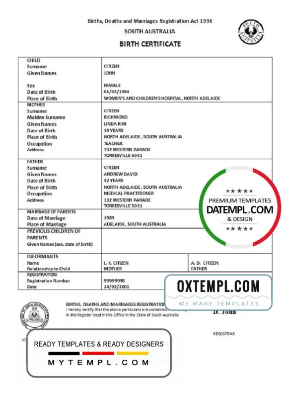 editable template, Australia South Australia birth certificate template in Word format, version 2