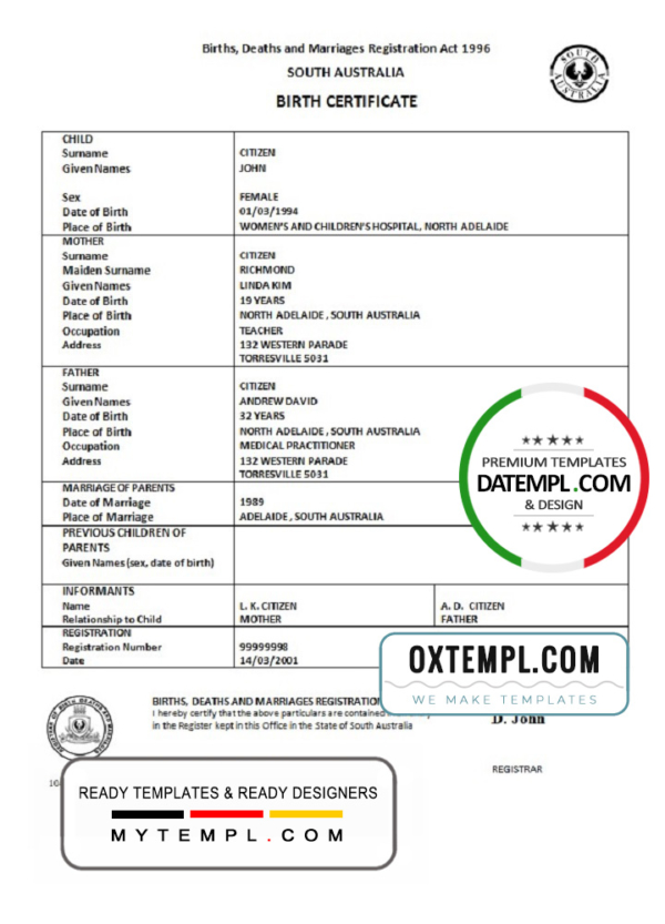 editable template, Australia South Australia birth certificate template in Word format, version 2