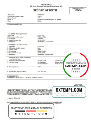 editable template, Australia Tasmania birth certificate template in Word format