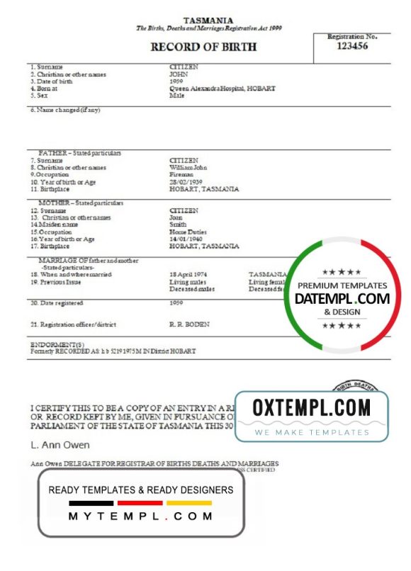 editable template, Australia Tasmania birth certificate template in Word format