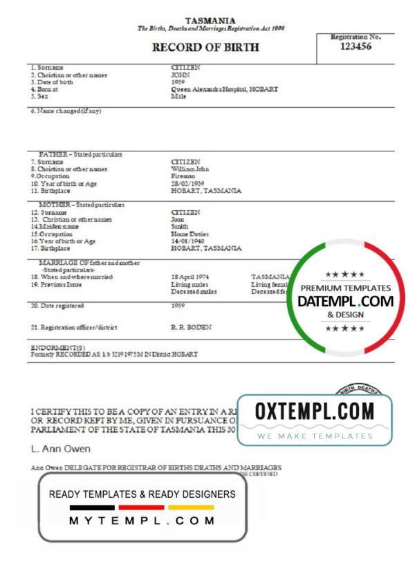 editable template, Australia Tasmania birth certificate template in Word format
