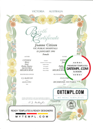 editable template, Australia Victoria state decorative (commemorative) birth certificate template in PSD format, fully editable