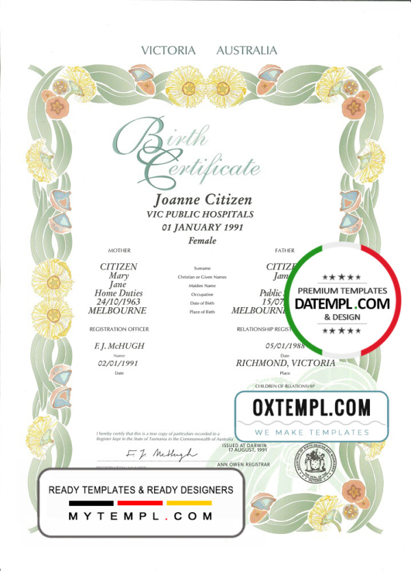 editable template, Australia Victoria state decorative (commemorative) birth certificate template in PSD format, fully editable