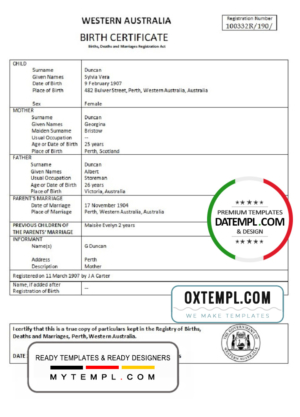 editable template, Australia Western Australia birth certificate template in Word format, version 1