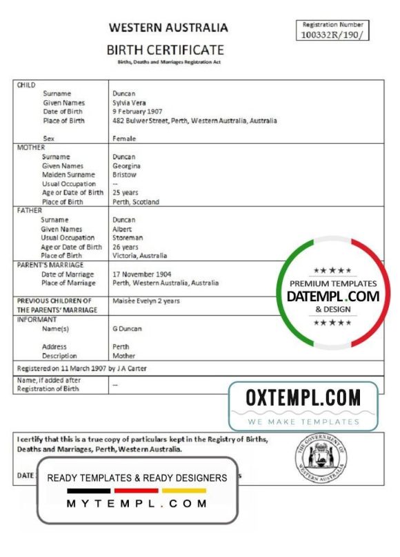 editable template, Australia Western Australia birth certificate template in Word format, version 1