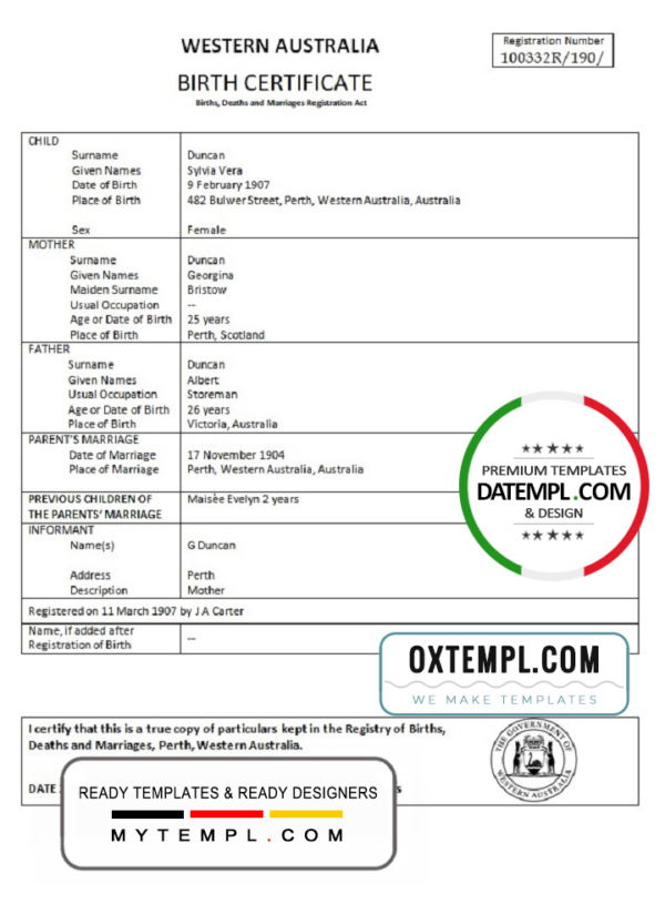 editable template, Australia Western Australia birth certificate template in Word format, version 1