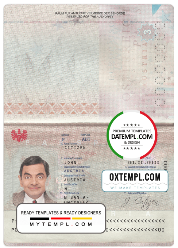 editable template, Austria passport template in PSD format