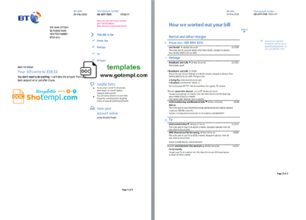 editable template, United Kingdom BT utility bill template in Word and PDF format, 2 pages