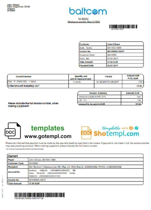 editable template, Latvia Baltcom telecommunications utility bill template in Word and PDF format (English version)