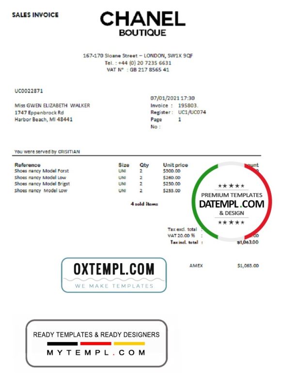 editable template, Sales Invoice Chanel Boutique template in Word format