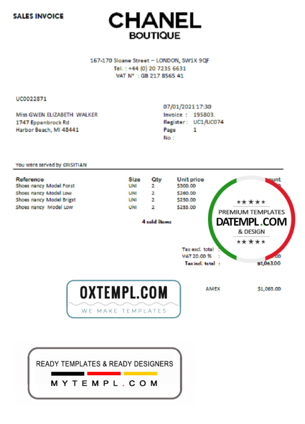 editable template, Sales Invoice Chanel Boutique template in Word format