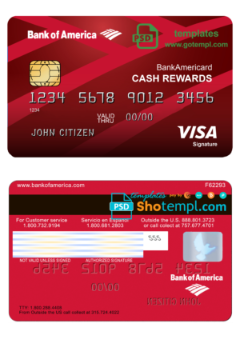 editable template, USA Bank of America Visa Card template in PSD format, fully editable