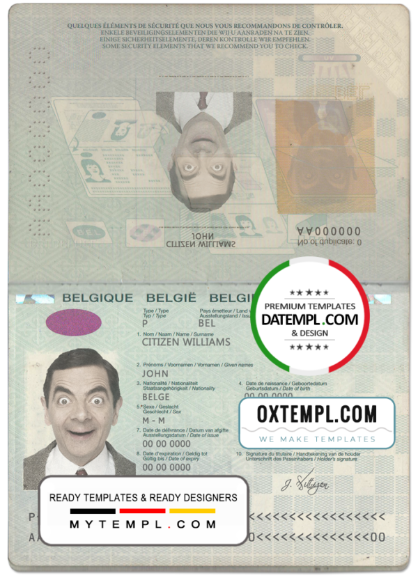 editable template, Belgium passport template in PSD format