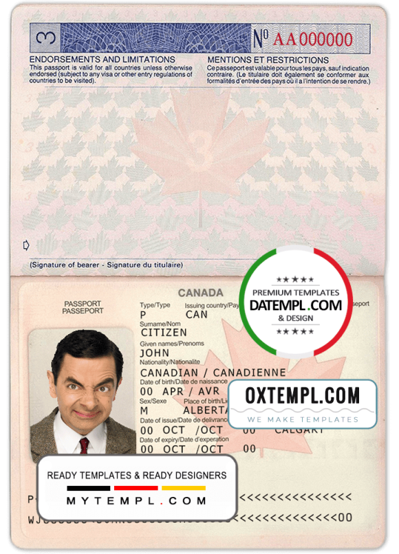 editable template, Canada passport template in PSD format, fully editable, with all fonts (2002-2010)