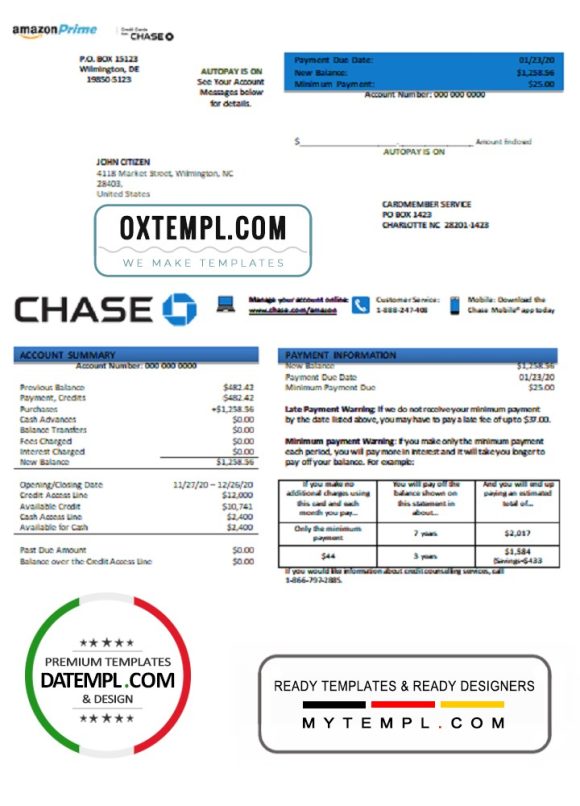 editable template, USA Chase bank credit card statement template in .doc and .pdf format