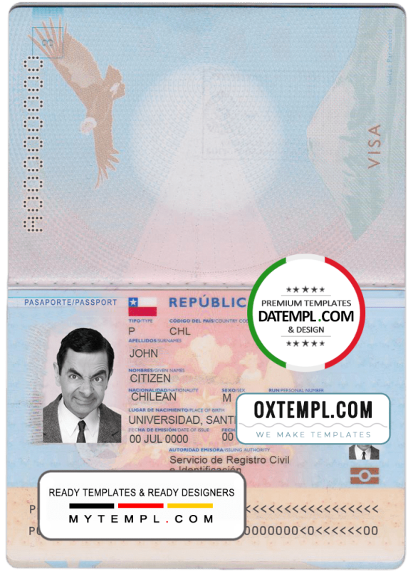 editable template, Chile passport template in PSD format, fully editable, with all fonts