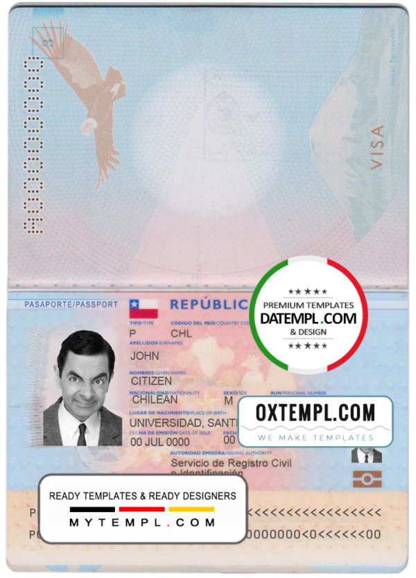 editable template, Chile passport template in PSD format, fully editable, with all fonts