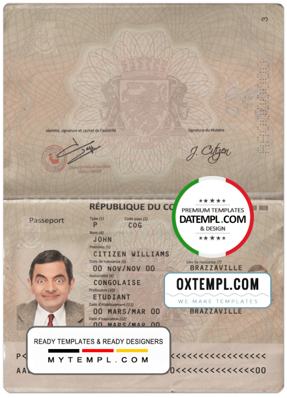 editable template, Congo passport template in PSD format, fully editable, with all fonts